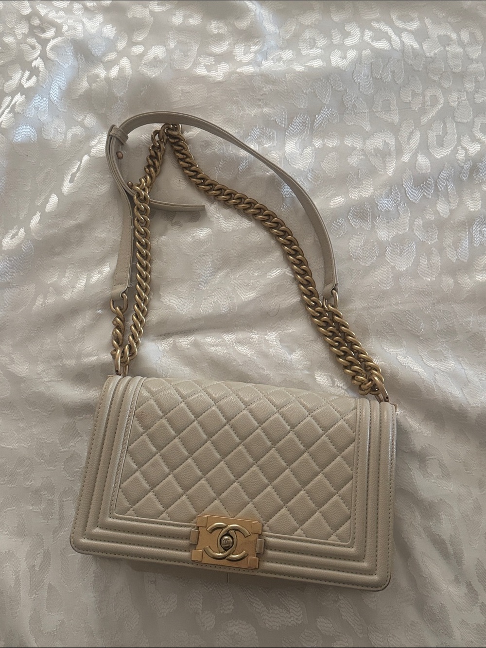 Cream Quilted Boy Shoulder Bag with Gold Hardware